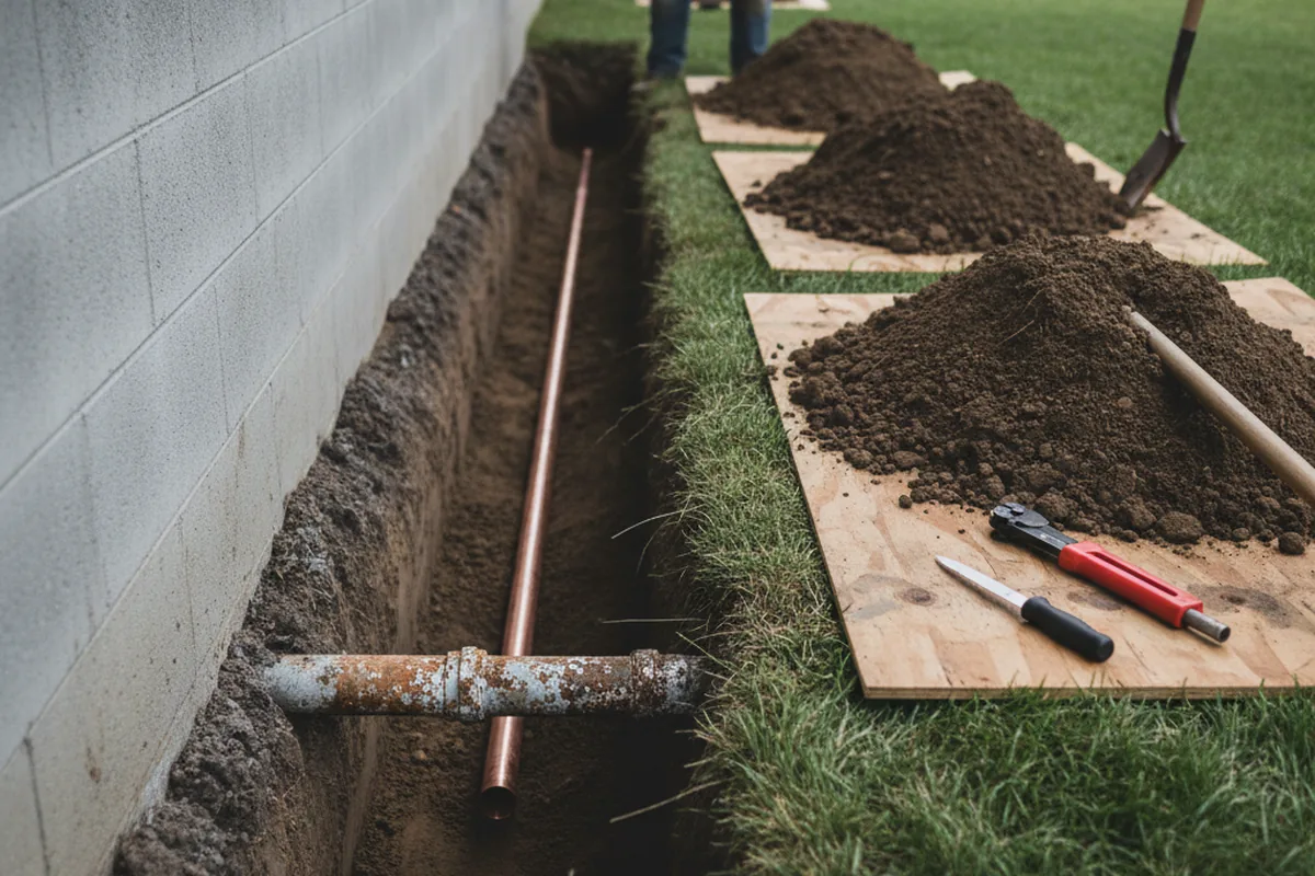 Excavated water line trench during Sewer Line Repair in Watts